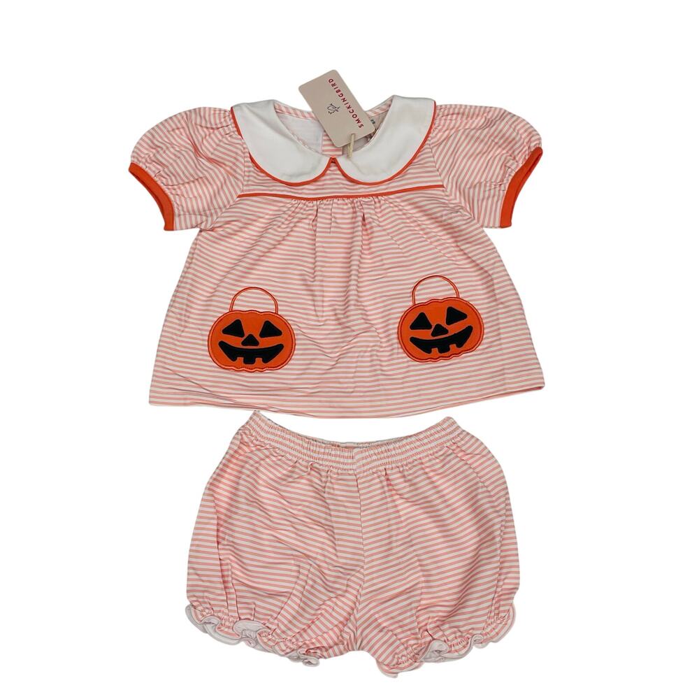 NWT Smockingbird 12M Jack-o-Lantern Pockets Striped Knit Set